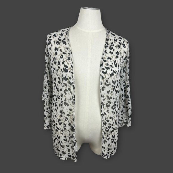 White Animal Leopard Print Sheer Lightweight Flare Sleeve Topper Kimono Large - Picture 1 of 10